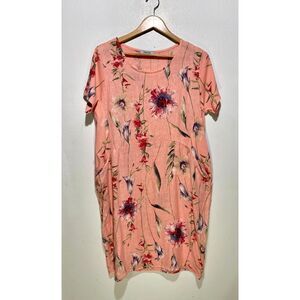 Helga May 100%  linen dress Italy made tropical vacation floral pockets women L